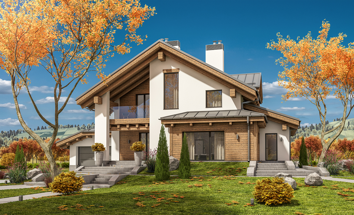 Luxury house exterior with autumn leaves